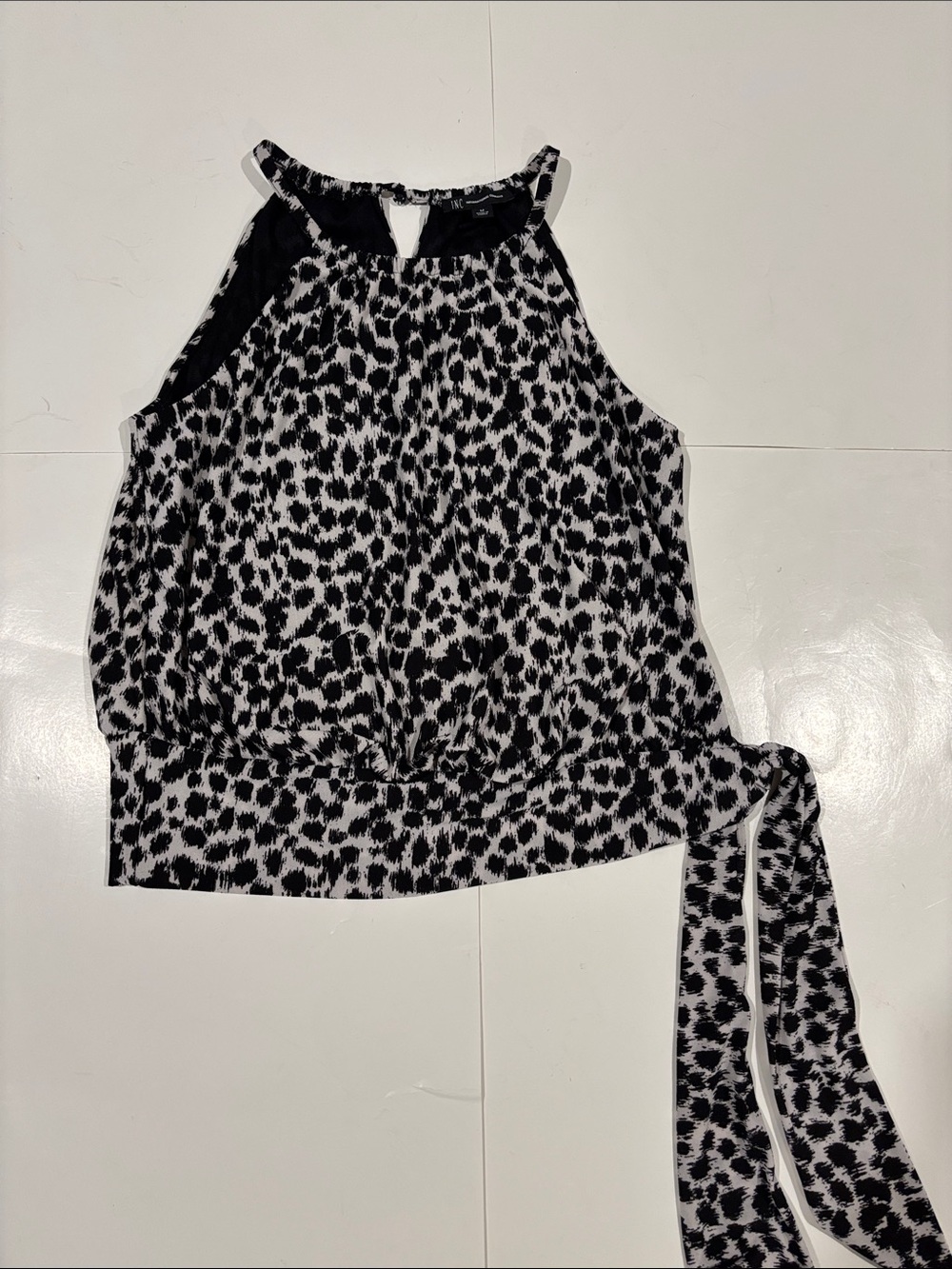 INC Womens Abby Animal Print Black White Side Tie Halter Top size medium
